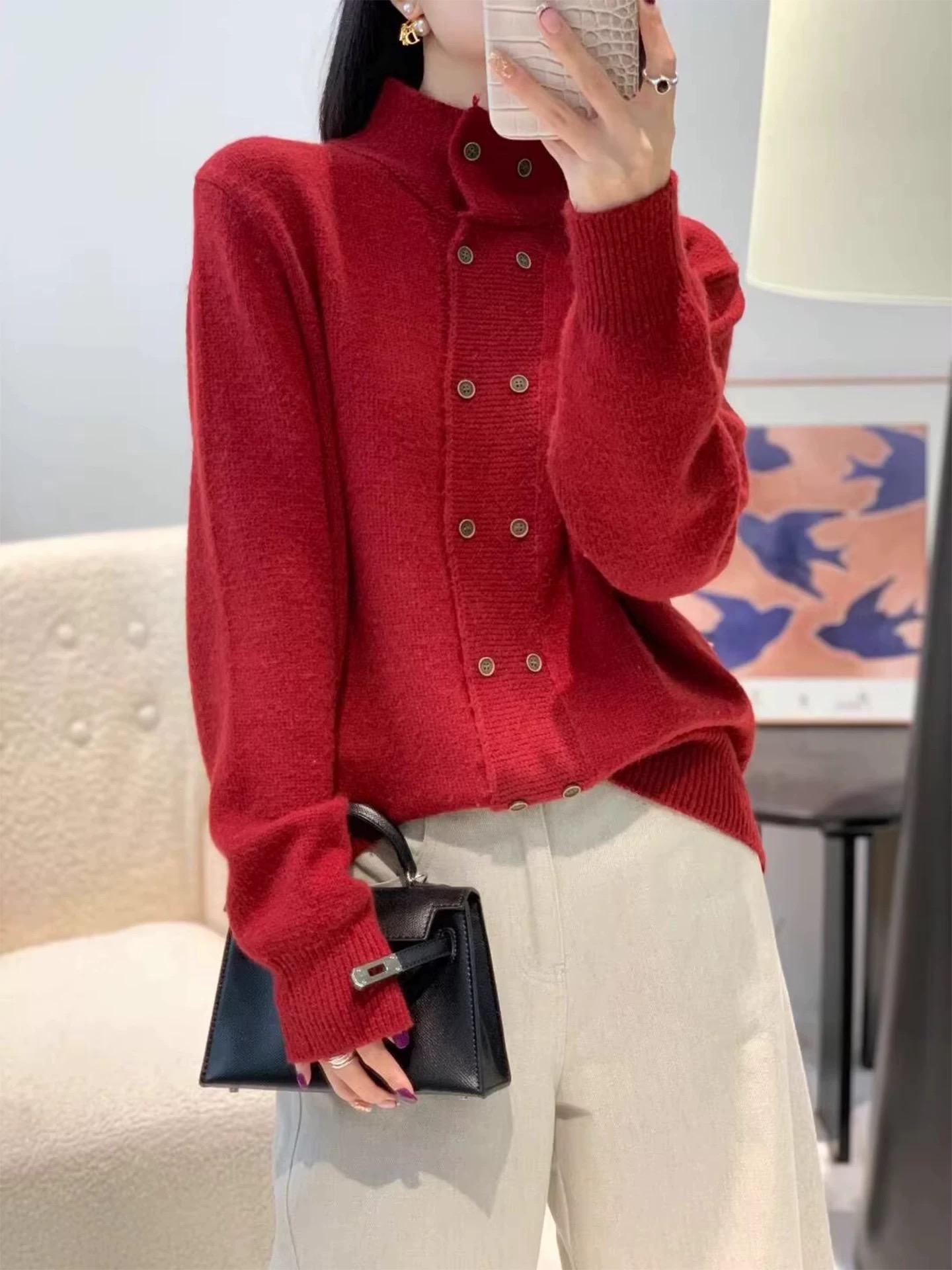 2296-1-CQ红色新款双排扣针织上衣（80-135）
