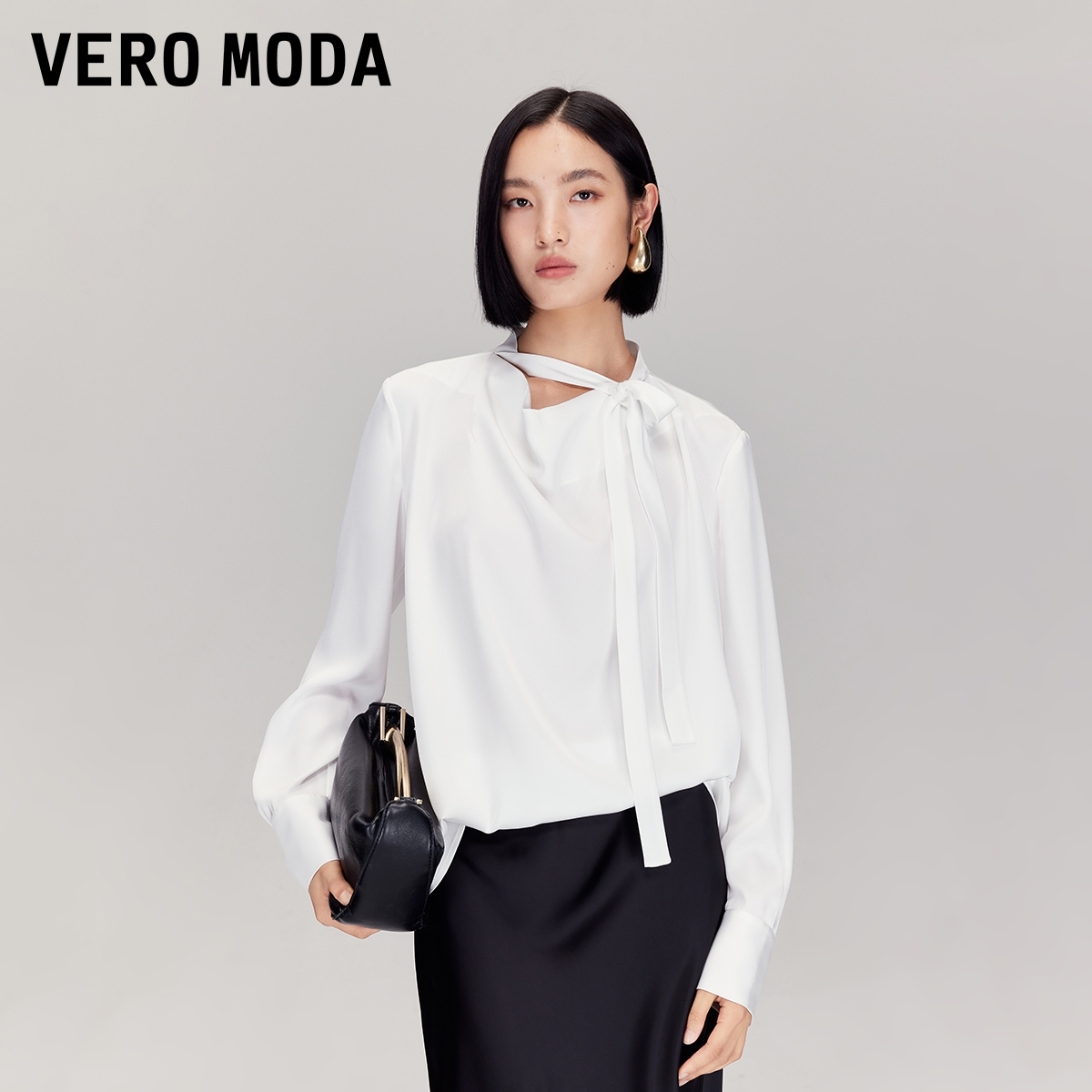 Vero Moda衬衫新款领口飘带光泽感荡领优雅老钱风流光风百搭洋气