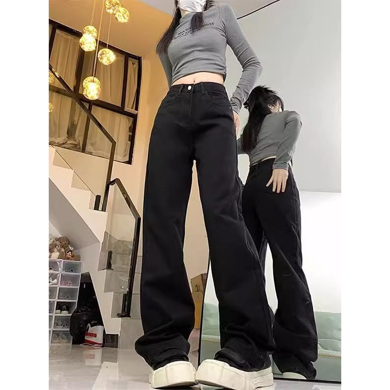 黑色阔腿牛仔裤女春秋款2025新款高腰梨形身材直筒宽松垂感拖地裤