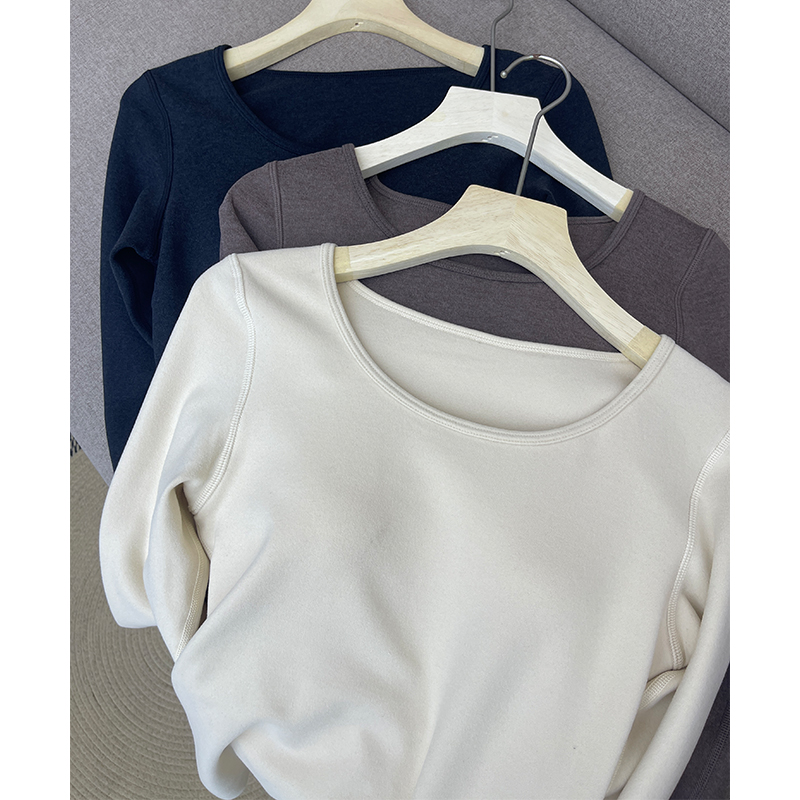 秋冬圆领保暖内衣一体式磨绒无痕内搭百搭外打底长袖修身上衣女