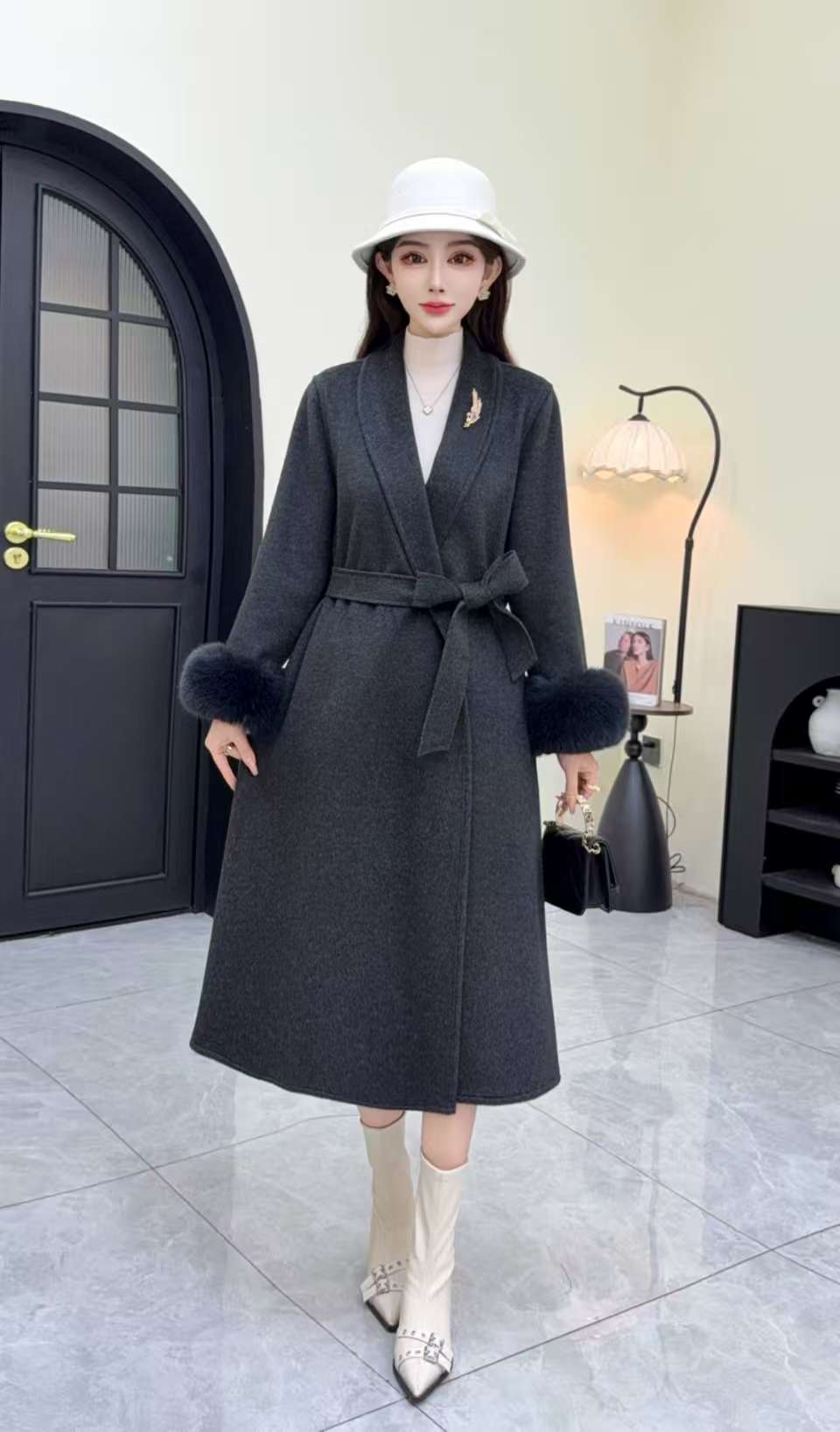 气质千金风系带收腰毛毛袖口长款双面呢羊毛混纺大衣外套