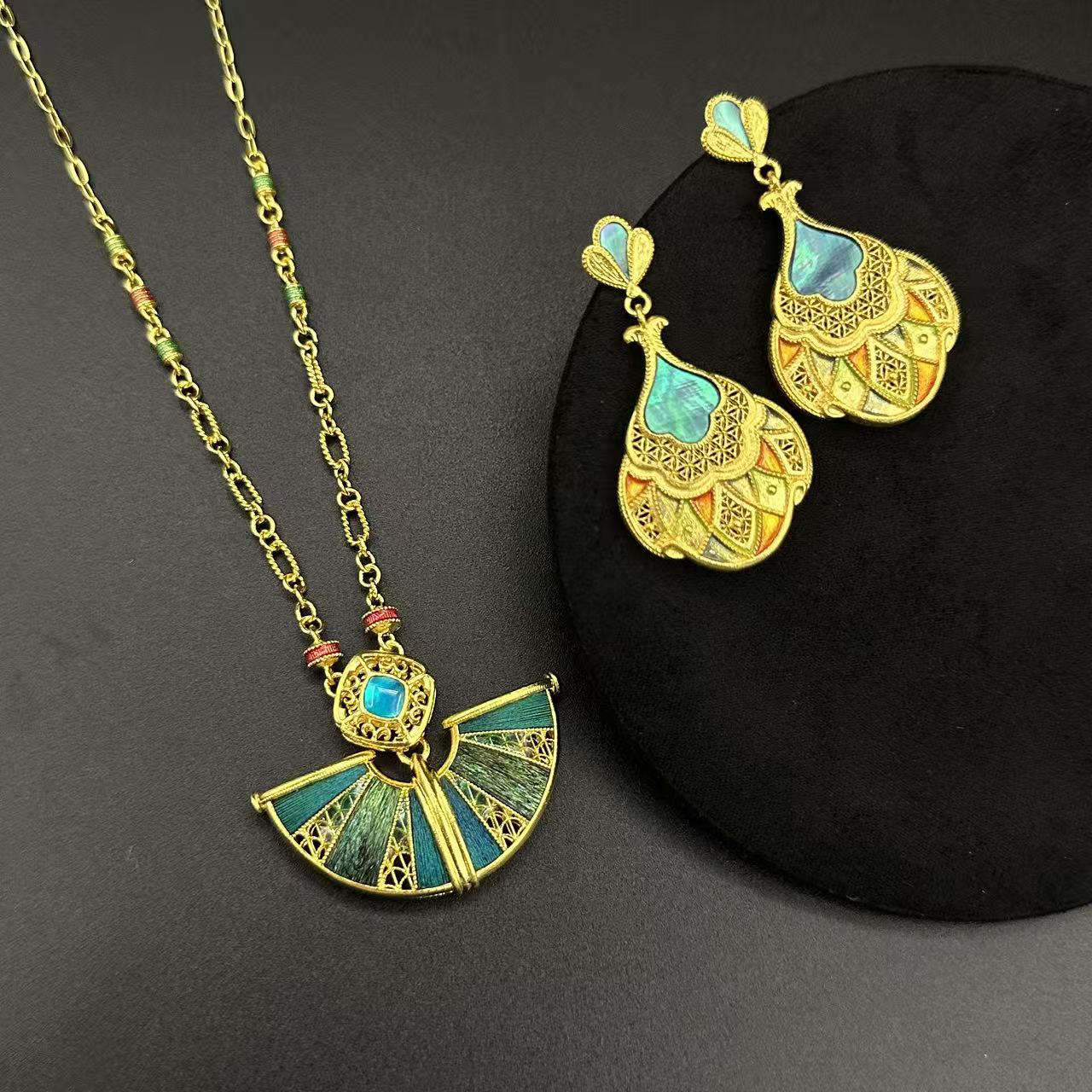 38.15g 古法足金套链镶嵌复古手工国潮风