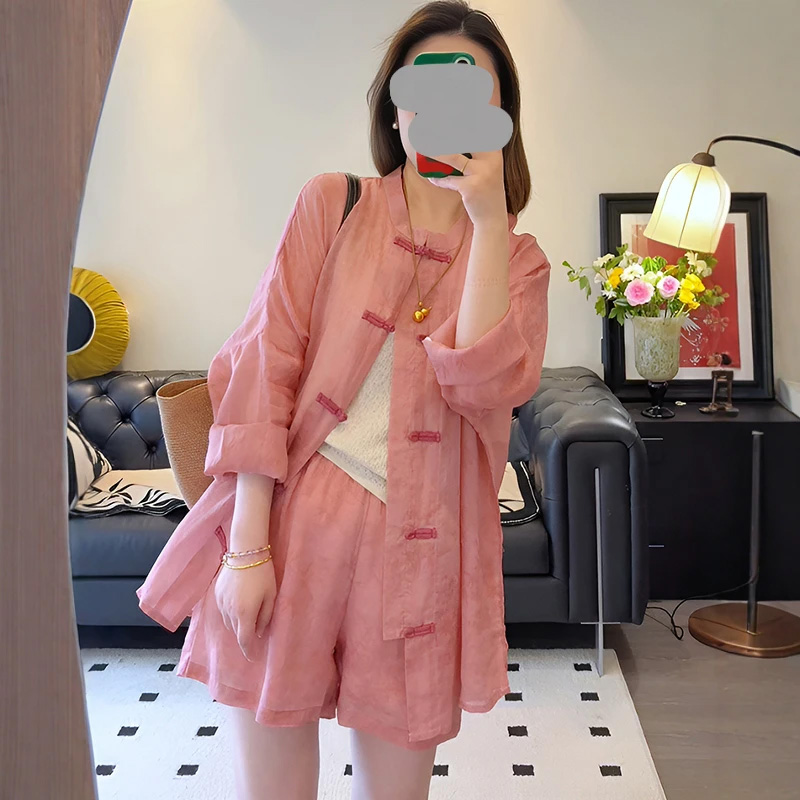 2025夏季新款显瘦宽松盘扣复古中式减龄防晒衬衫短裤两件套套装女