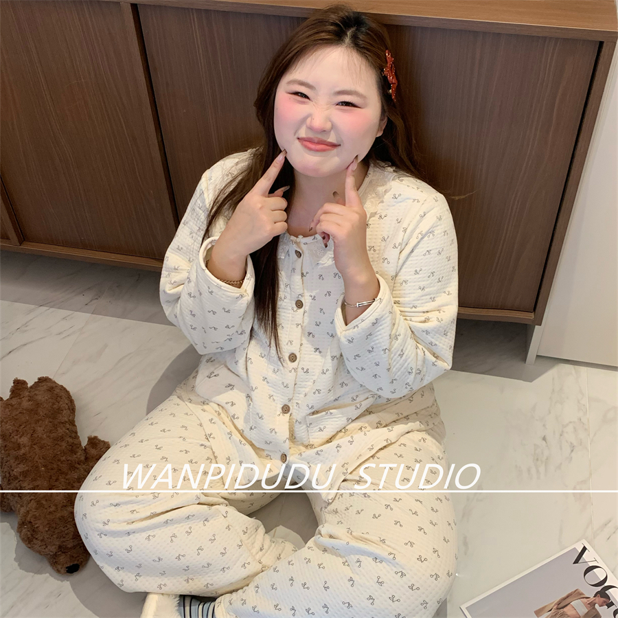 大码睡衣胖MM200斤秋冬长袖长裤空气棉夹层小樱桃印花