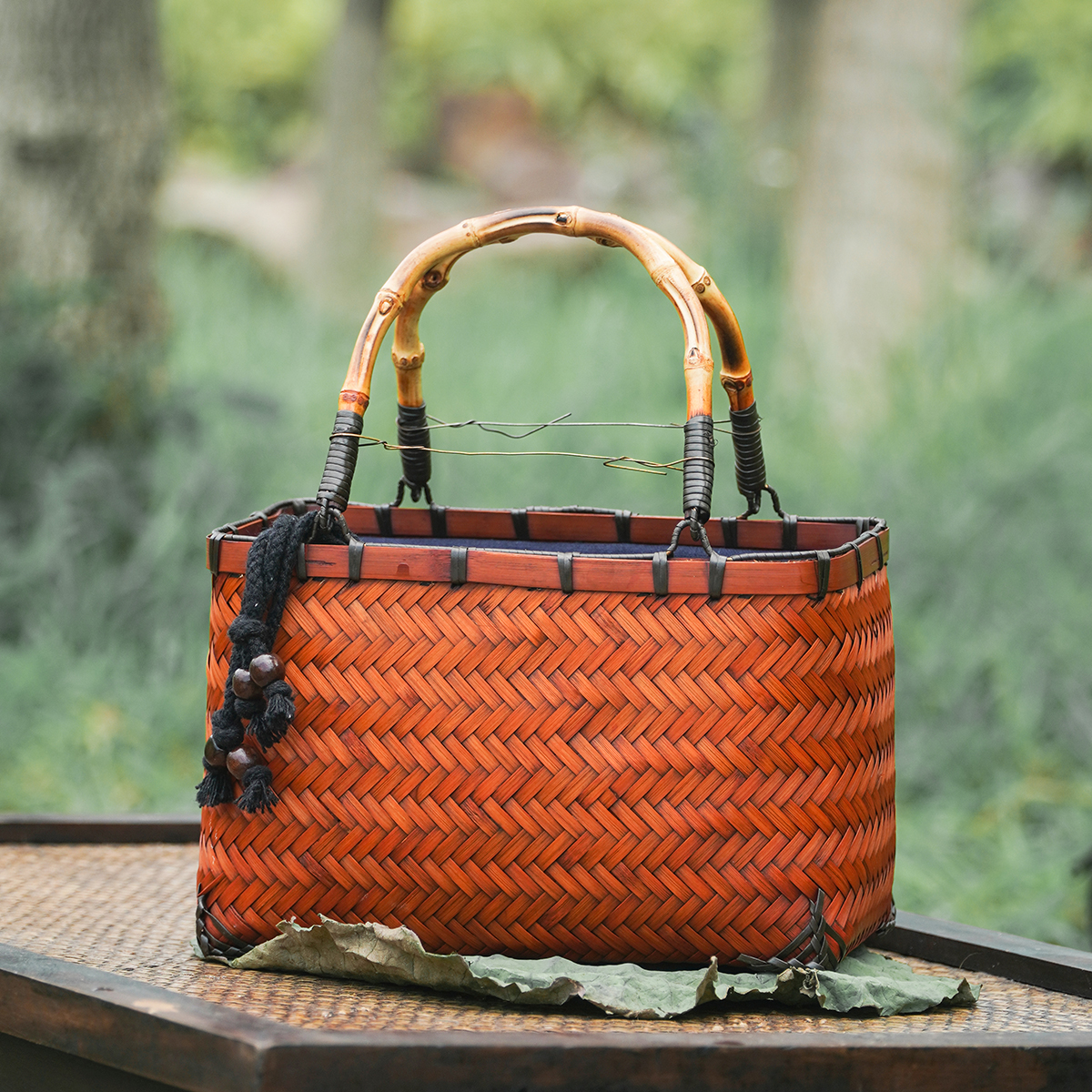 BB001（方庭）竹编复古竹根提手包包送吊坠（长21宽12高14厘米）