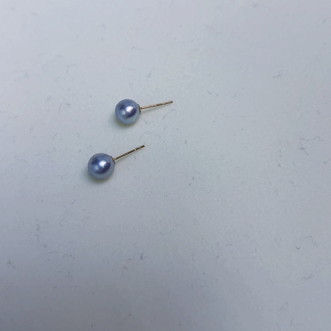 海水珍珠海水akoya真多麻色耳钉6-7mm18K金镶嵌