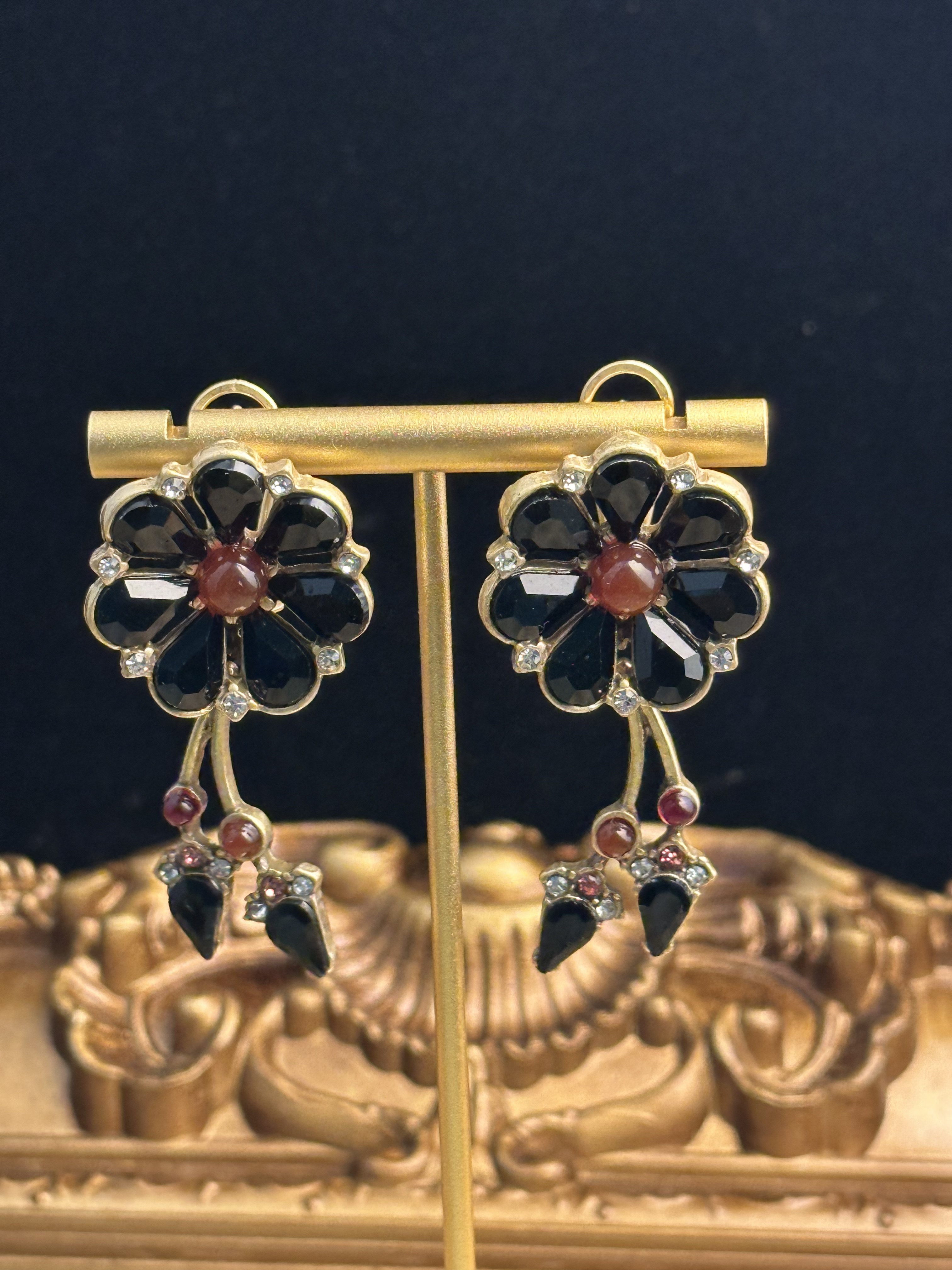 铜合金琉璃耳饰 中古镀金做旧黑色花朵耳饰 1813E