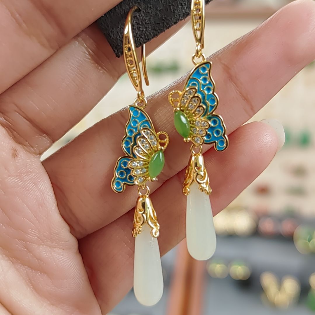 和田玉耳饰银S925镀金镶嵌耳饰