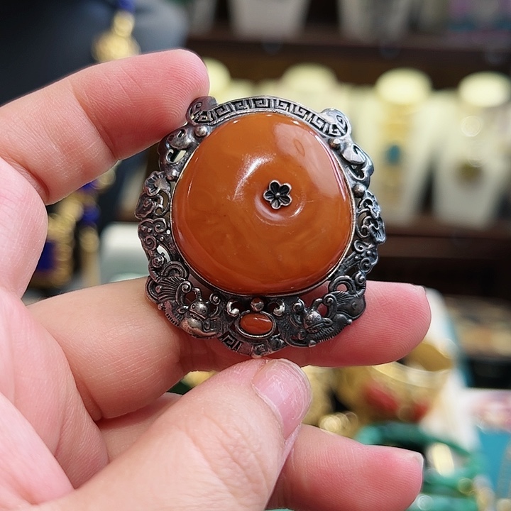 琥珀戒指/指环银S925镶嵌古风