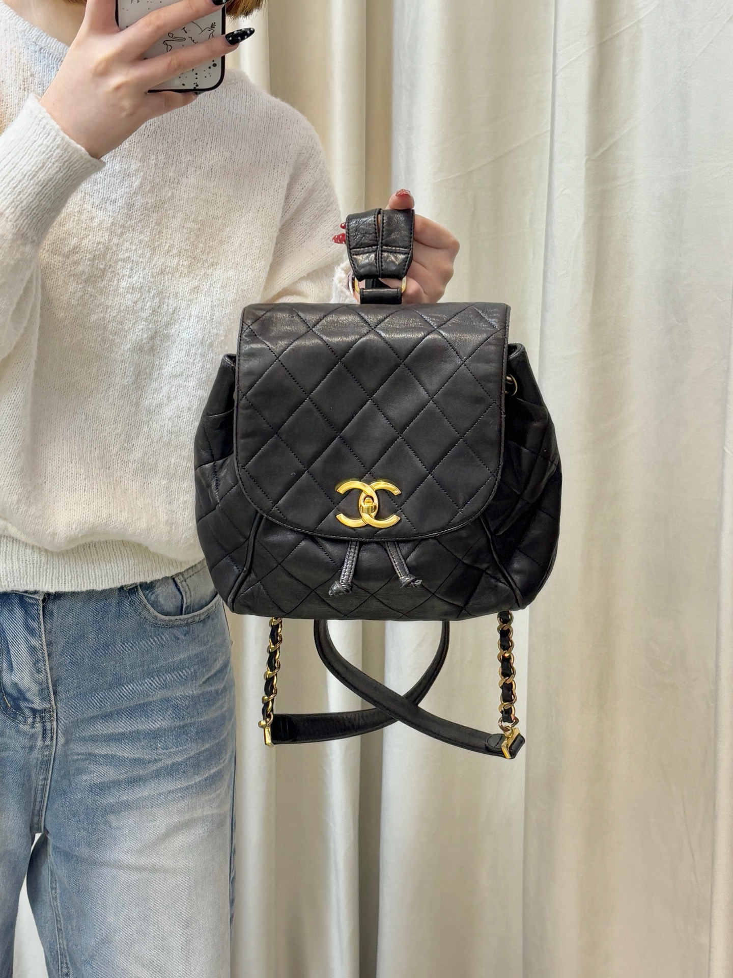 95新 Chanel/香奈儿 chanel 黑金贝嫂双肩包(K)