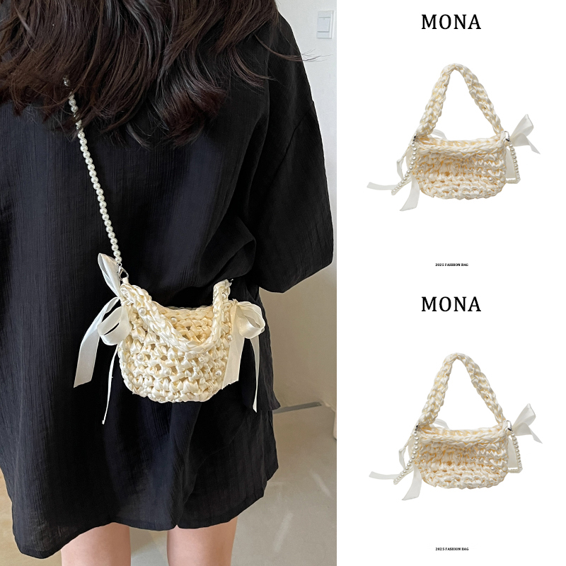 Mona小包包女2025新款时尚甜美编织手提包珍珠链条包百搭配饰包