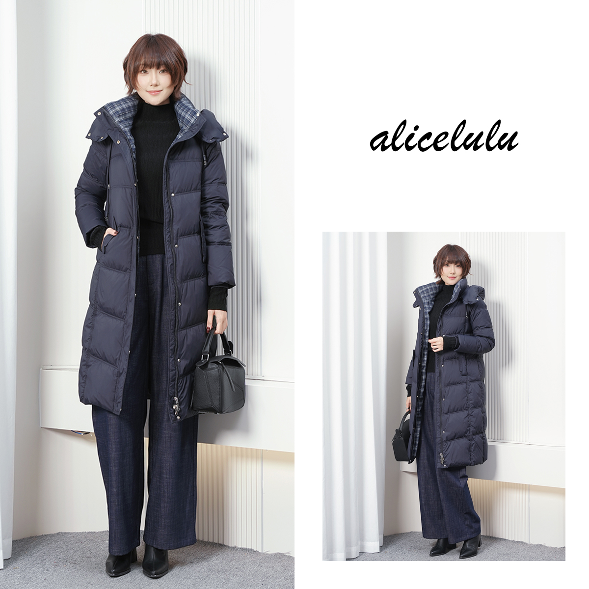 alicelulu‘经典格纹’90白鸭绒长款过膝连帽羽绒服S2145783Tr