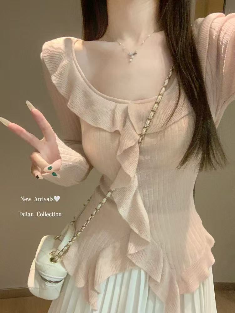 荷叶边气质v领修身针织衫女秋冬洋气设计感打底内搭长袖上衣甜美