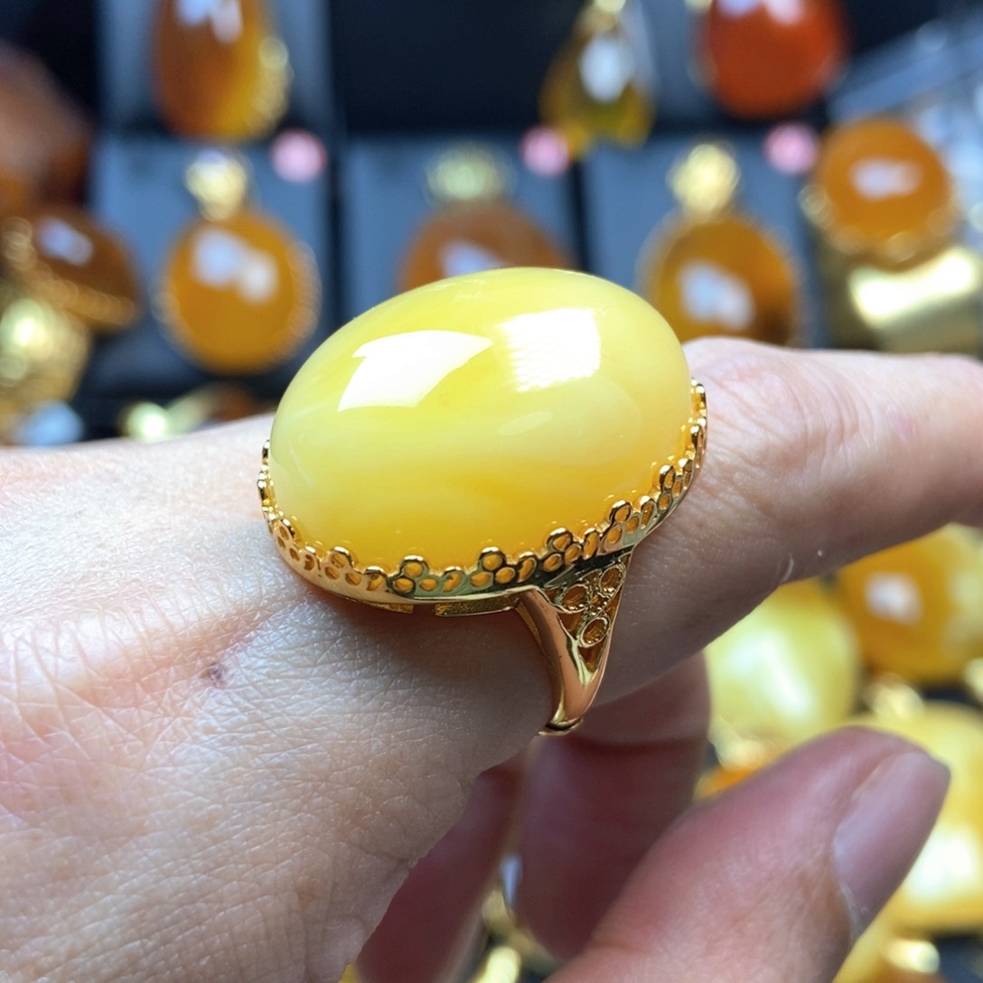 琥珀银S925镀金镶嵌戒指