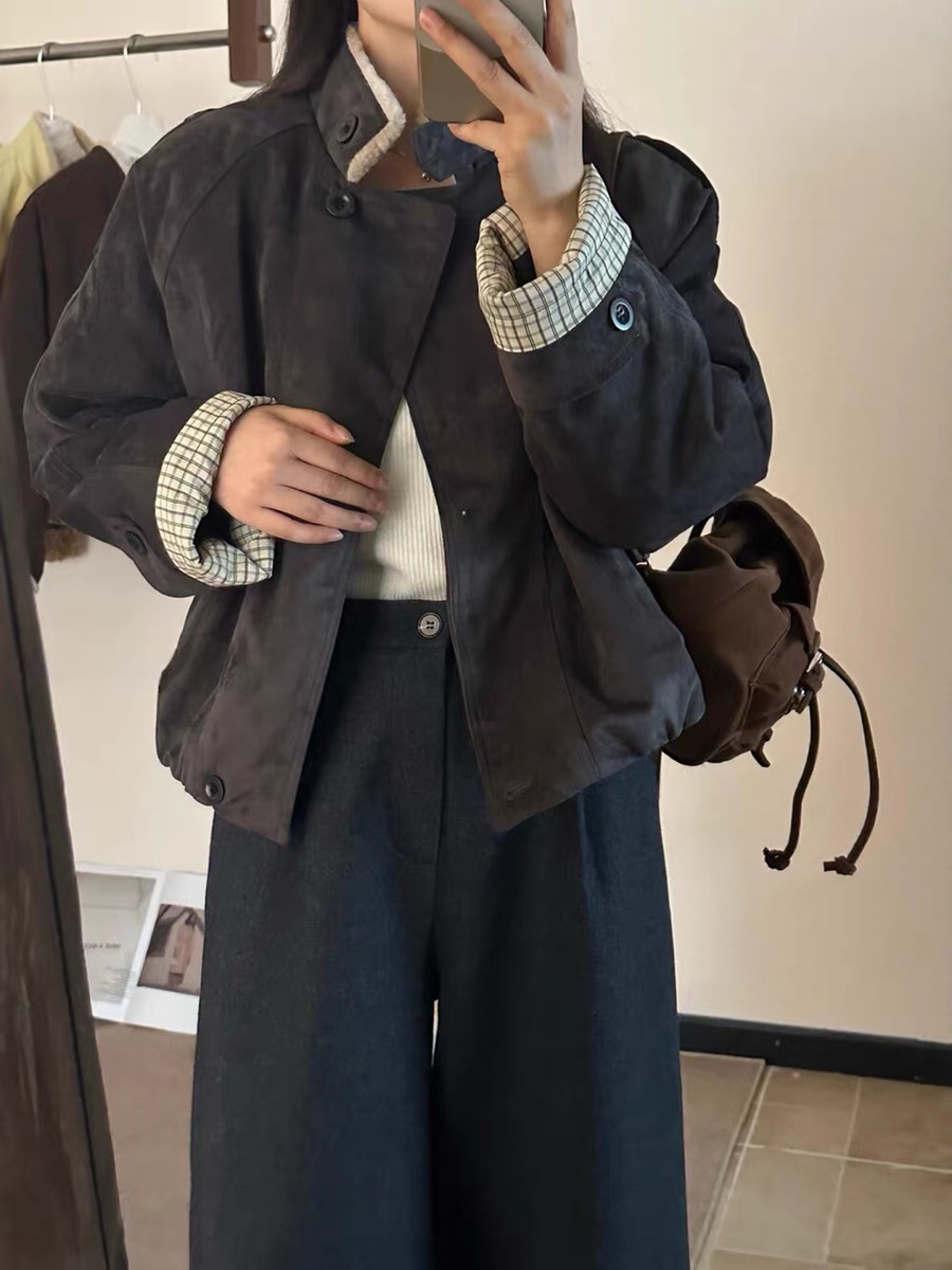 立领宽松型常规款纯色春秋短款时尚休闲百搭复古ins韩版拼接秋季