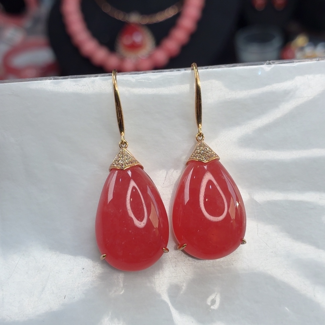 菱锰矿（红纹石）18K金镶嵌耳坠
