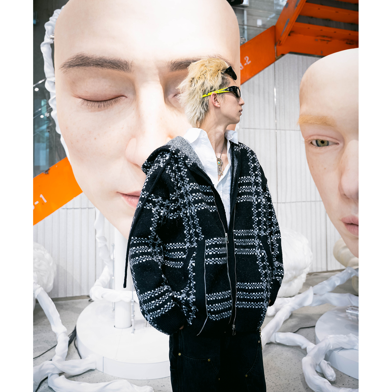 秋冬条纹格子提花毛呢针织衫男女同款撞色宽松毛衣外套潮70069