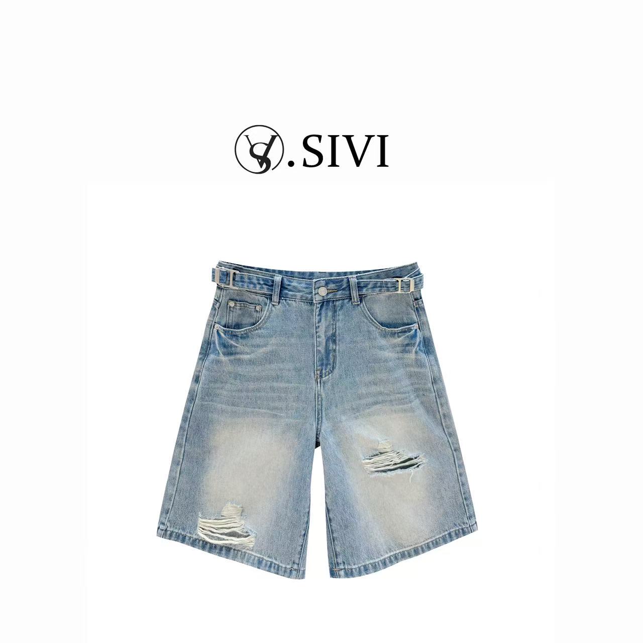 熙薇【琉璃爵士】2025夏季新款休闲破洞五分牛仔裤H3104