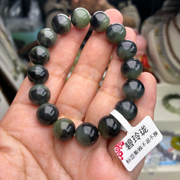 天然和田玉青花聚宝盆12mm手串男款女款串珠手串时尚