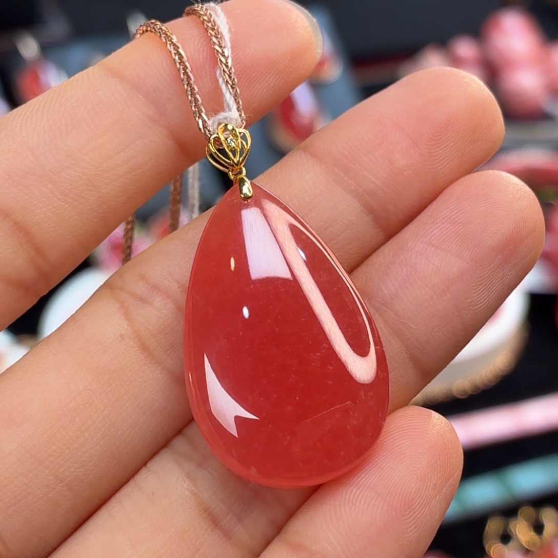 菱锰矿（红纹石）18K金镶嵌吊坠(不含链)