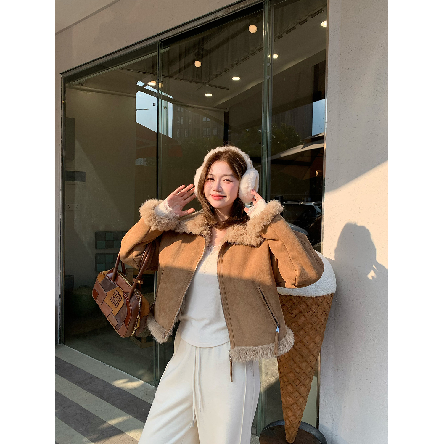 陳文文xenl【悉尼往事】冬季新款美拉德皮毛一体毛绒保暖外套女3117
