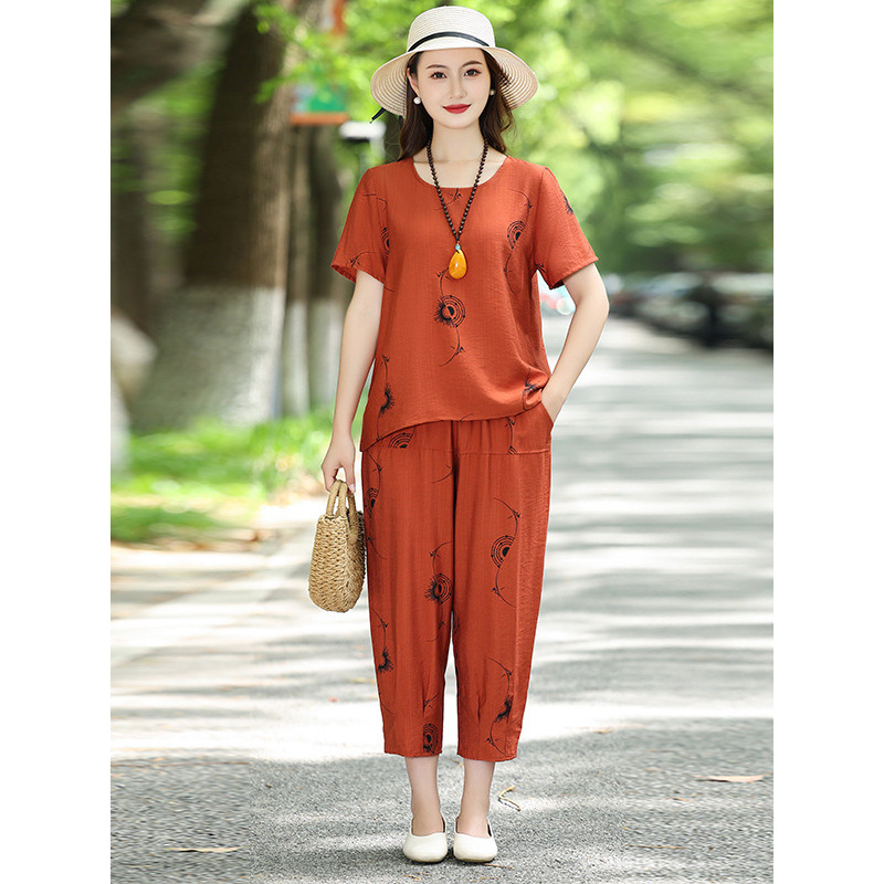 新款时尚宽松两件套夏季薄款短袖遮肉上衣裤子中老年妈妈显瘦套装