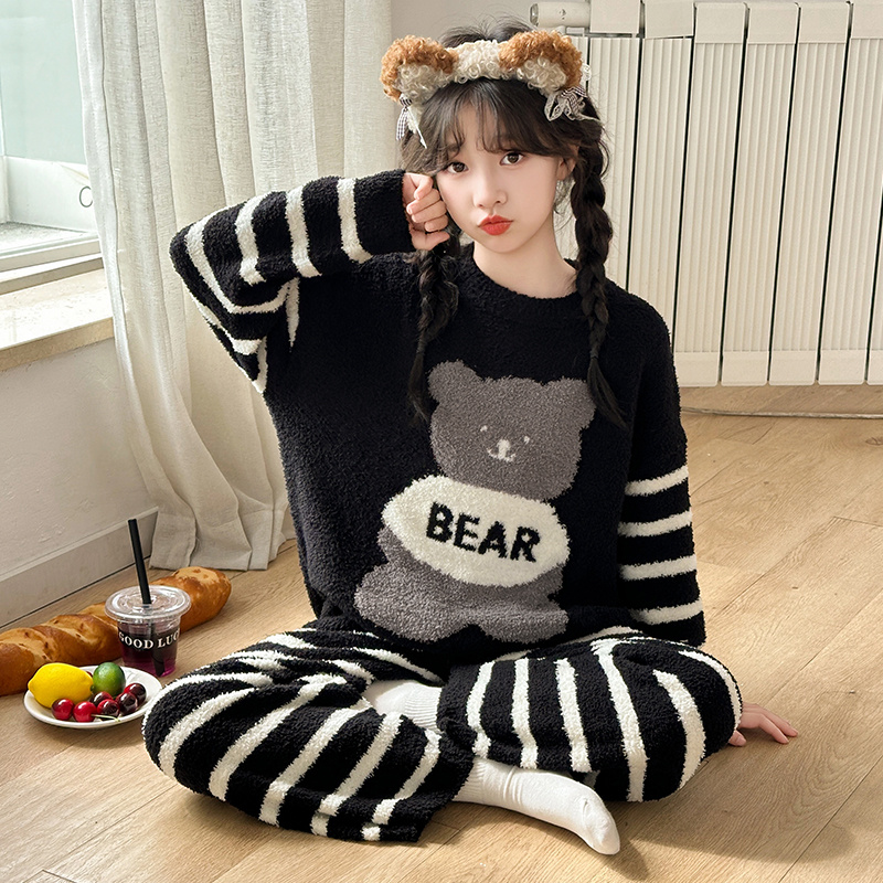女童睡衣秋冬款长袖套装初中生半边绒保暖珊瑚绒卡通家居服两件套
