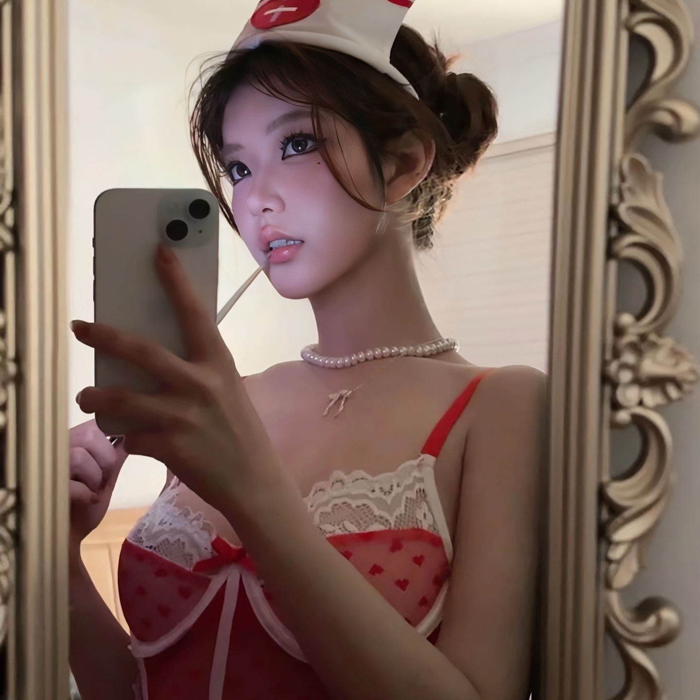后空翻喵喵【甜心辣妹】精致蕾丝红白小护带钢圈连体衣