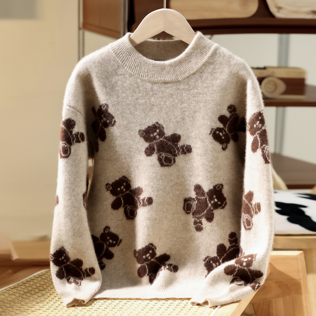 韩版小熊双层加厚半高领套头儿童纯羊毛衫提花秋冬保暖打底衫毛衣