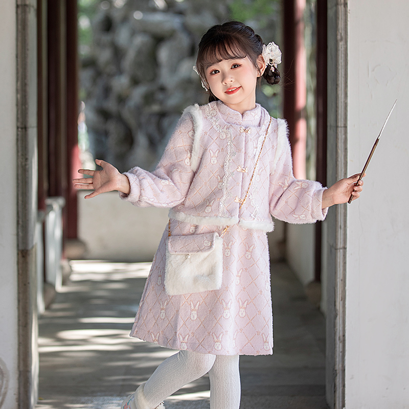 高端女童旗袍冬款长袖加厚唐装儿童中国风小女孩拜年服马甲两件套