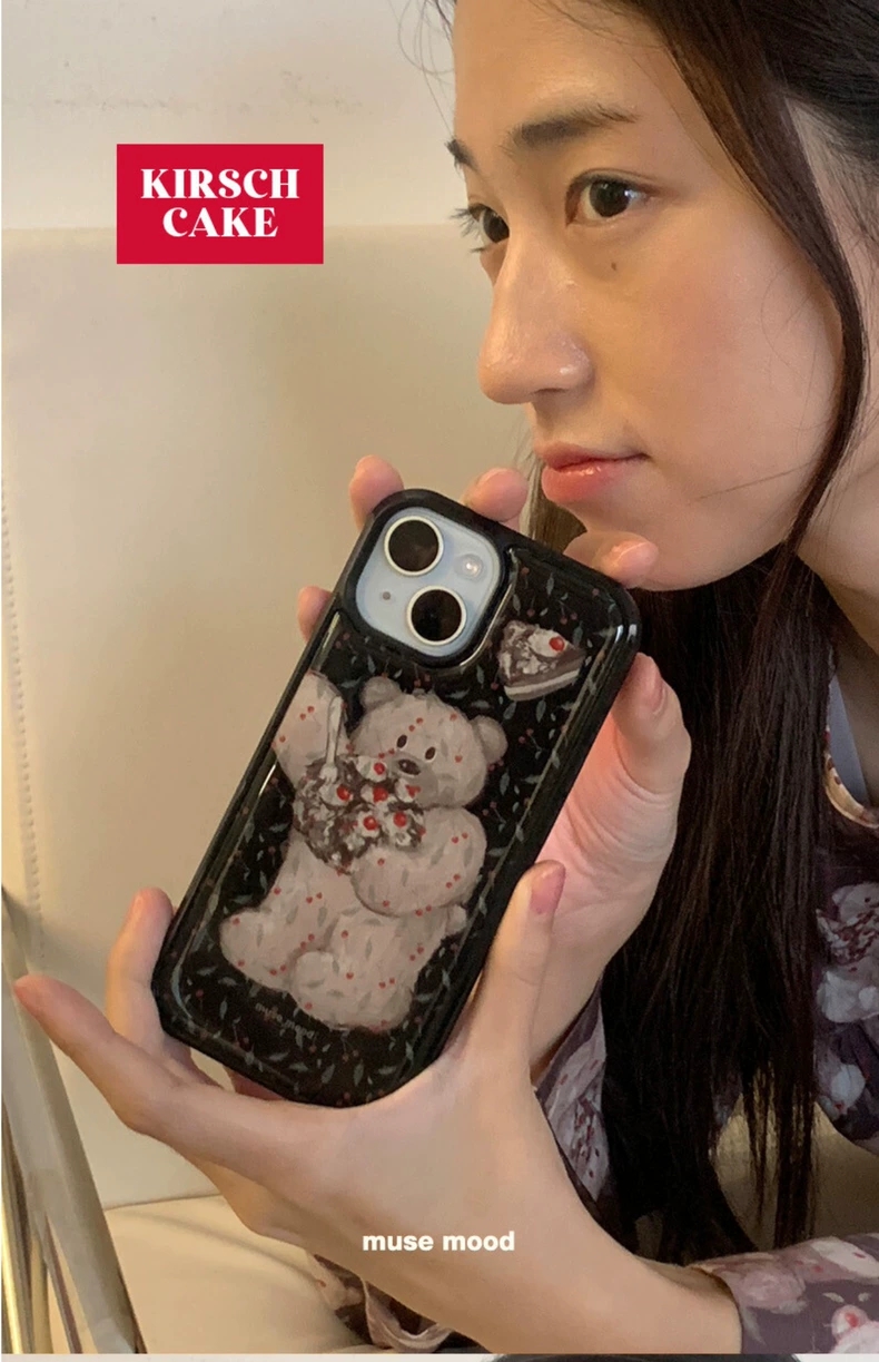 新款小熊韩系网红滴胶手机壳适用苹果16promax高级15简约13小众12