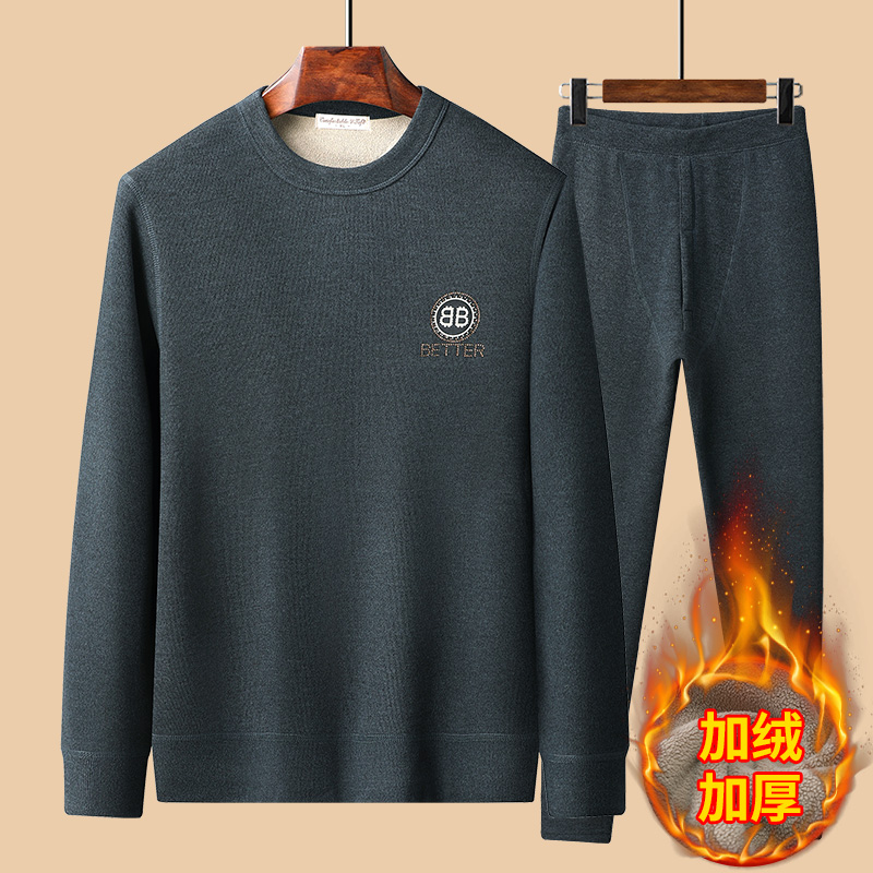 保暖冬季圆领保暖内衣男士加绒加厚套装德绒青年秋衣秋裤打底棉毛