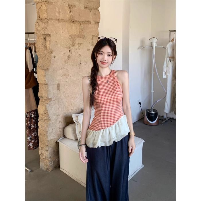 美背内衣无袖新款爆款加高网纱拼接夏季吊带上衣下摆荷叶边背心女