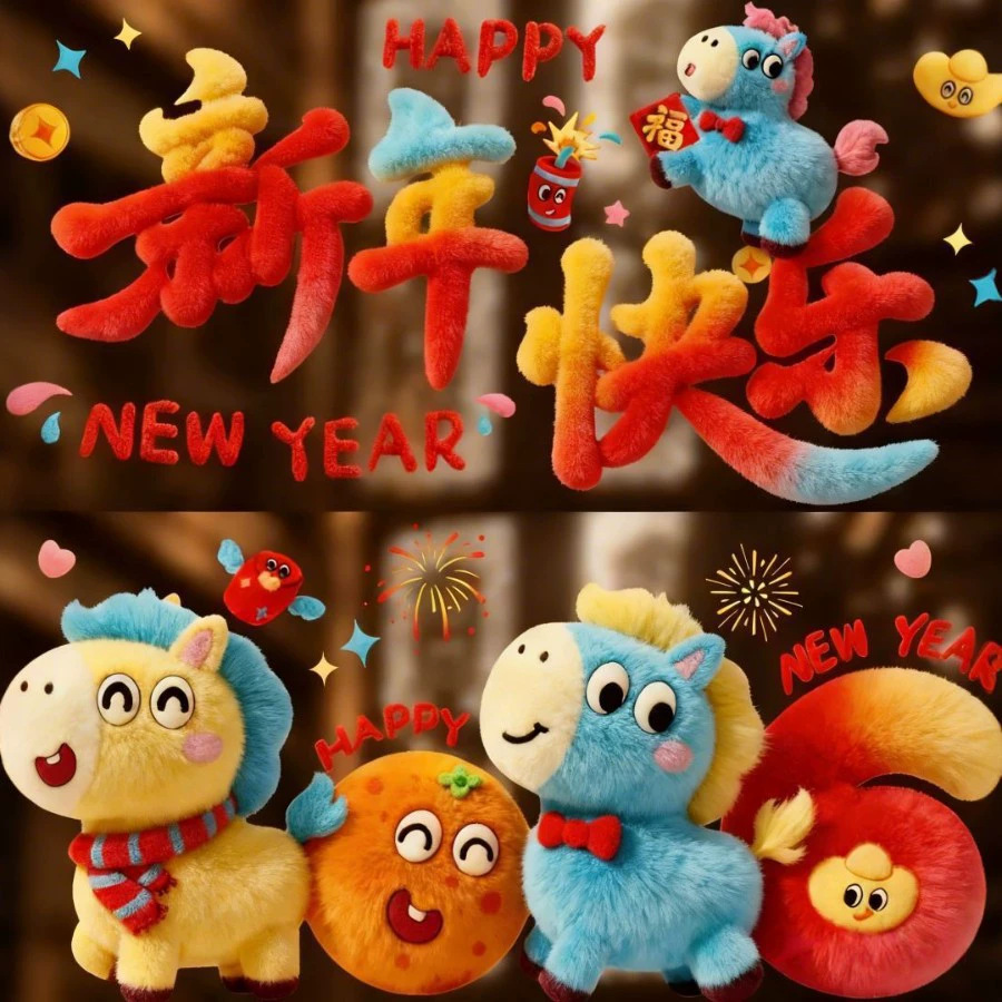 毛绒5D窗花静电贴2026过年福字门贴元旦橱窗装饰马年卡通橱窗贴