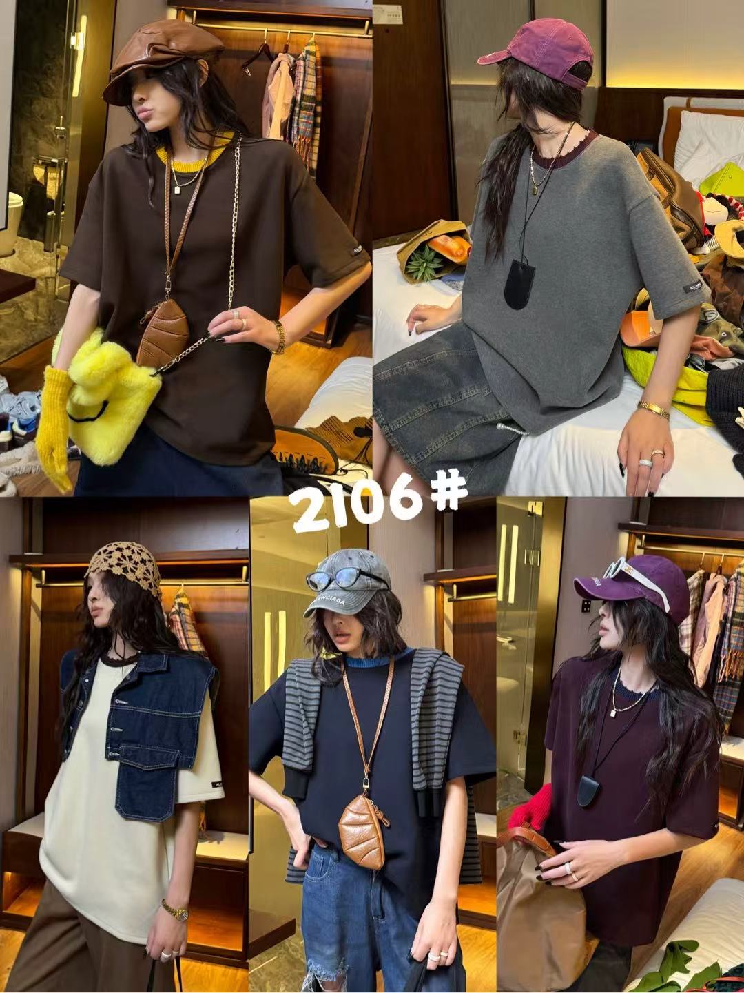 088【冬季新款】极简袖口订标领口撞色拼接加厚T恤（2106）