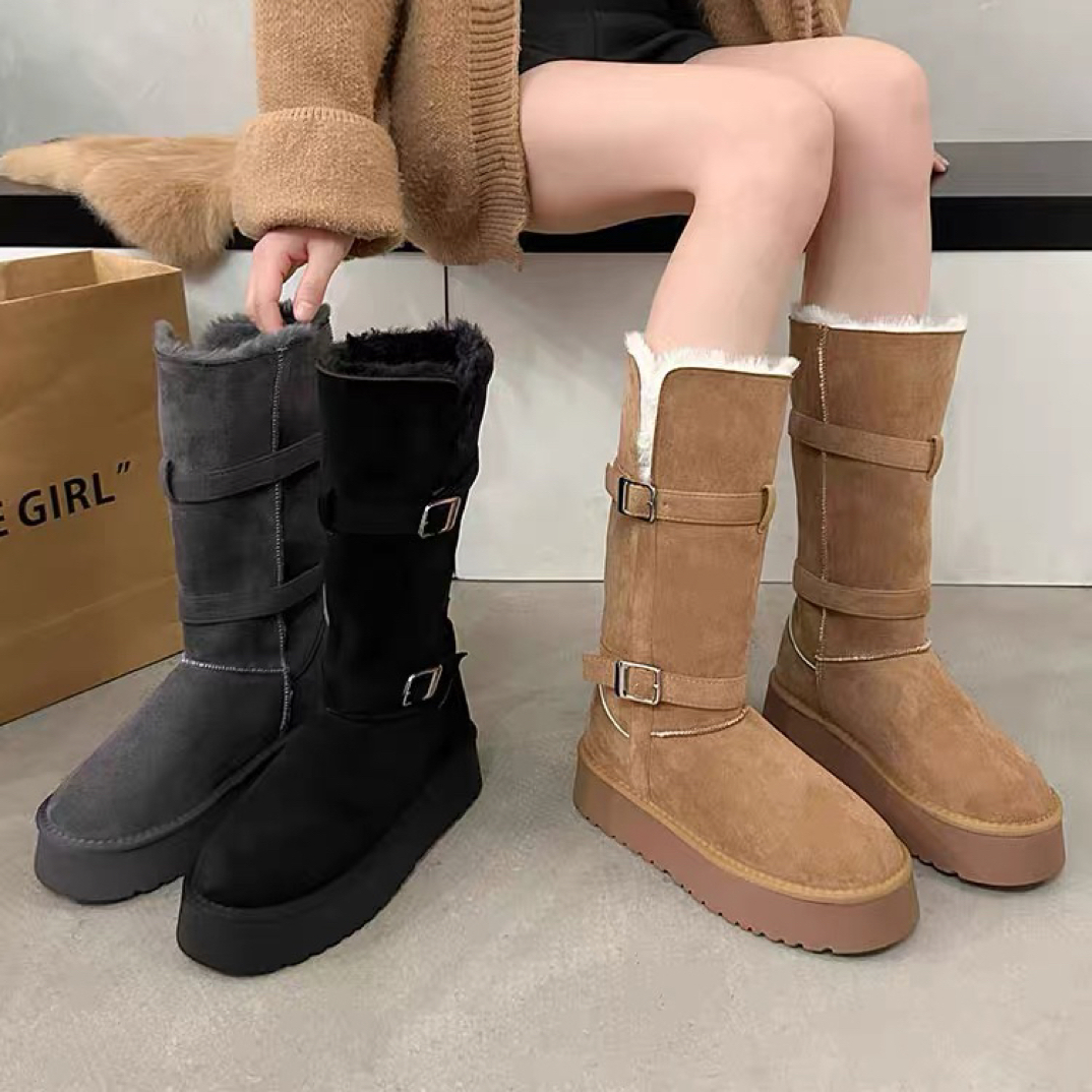 [2409-5]新疆加绒灰色靴子长筒时尚棉鞋平底冬季雪地靴时尚雪地靴