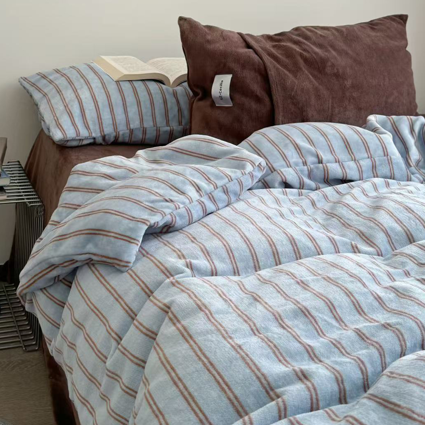 混搭条纹牛奶绒床上四件套冬季加厚珊瑚绒面被套双面绒床单三件套