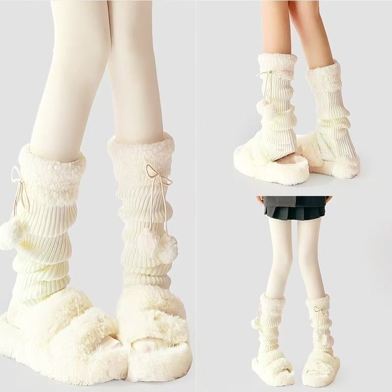 白色腿套女秋冬季针织袜套堆堆袜子春秋显瘦中筒毛球踩脚袜子DOW