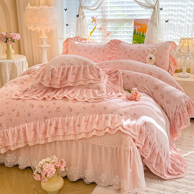 公主风牛奶绒床盖款四件套冬季加厚小碎花被套床单床上用品三件套