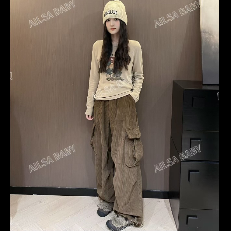 【AILSA BABY】欧货复古加厚绒裤脚可抽绳灯芯绒阔腿工装裤/121255A
