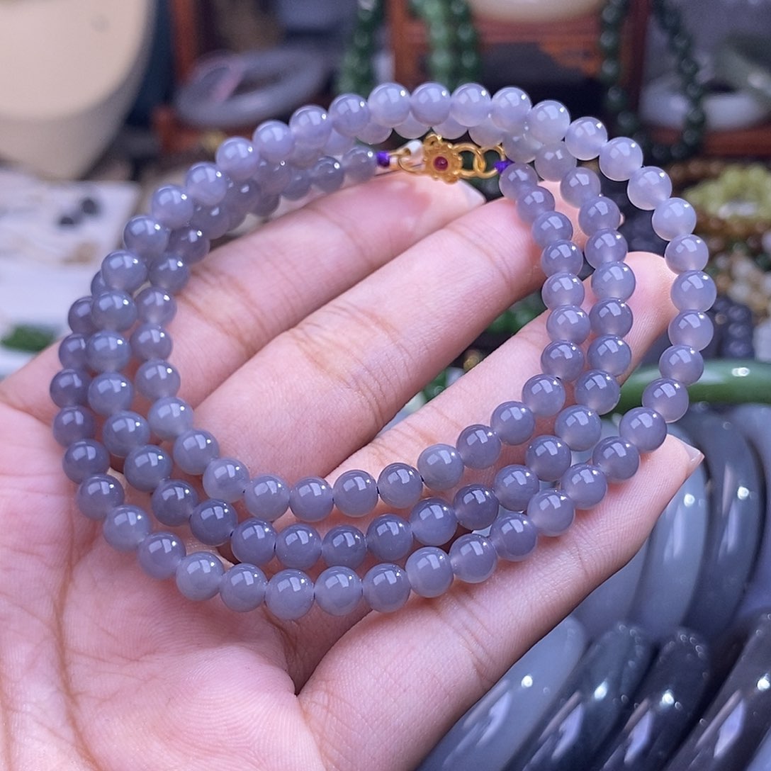 和田玉浓烟紫珠串5,5mm未镶嵌