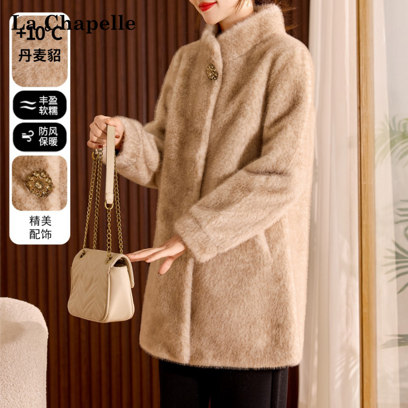 拉夏贝尔妈妈冬装中长款皮毛一体大衣中老年女皮草外套水貂绒上衣