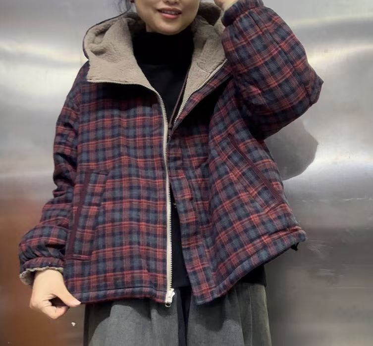 连帽两面穿加绒格子外套14088