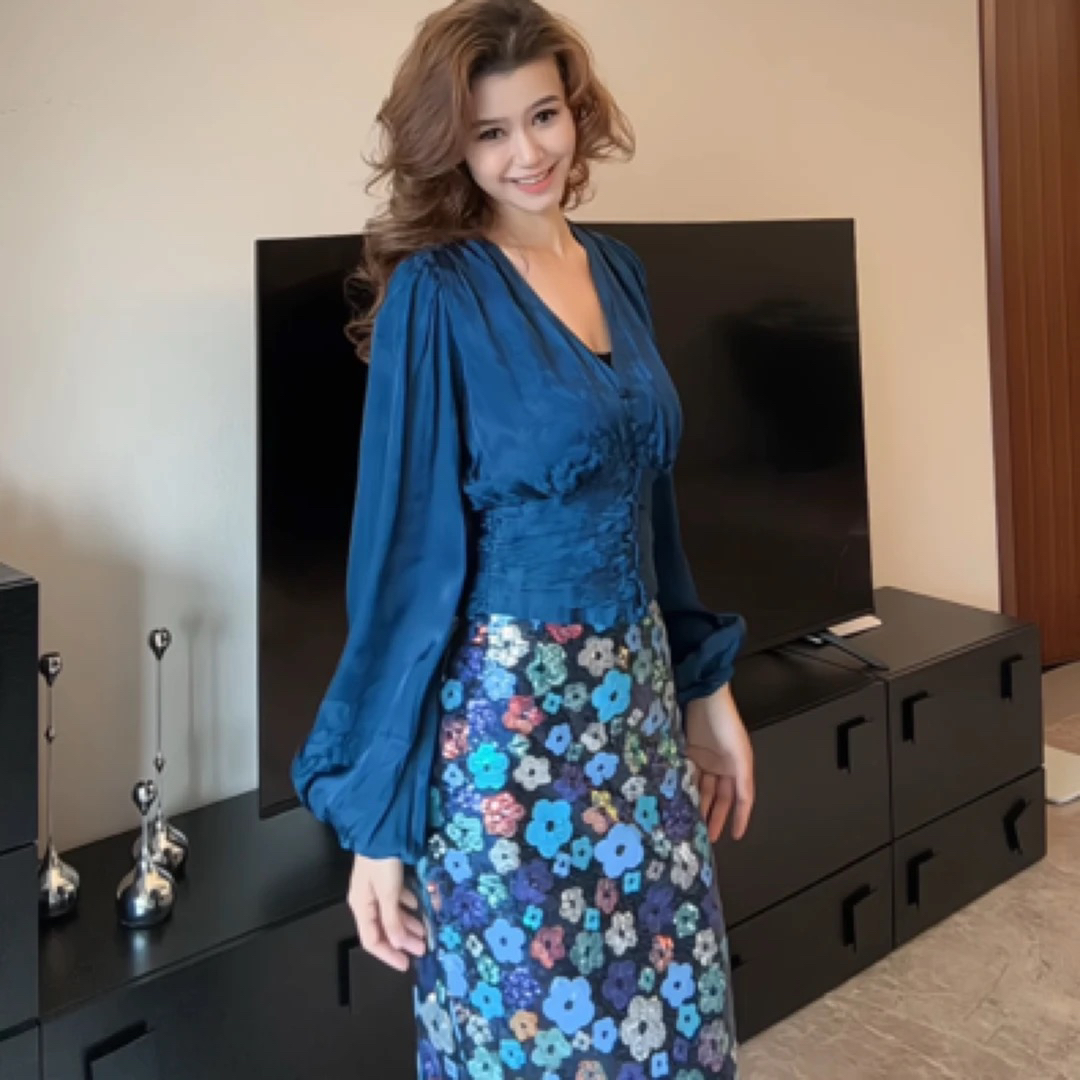 （达）法式轻熟风蓝色算下两件套