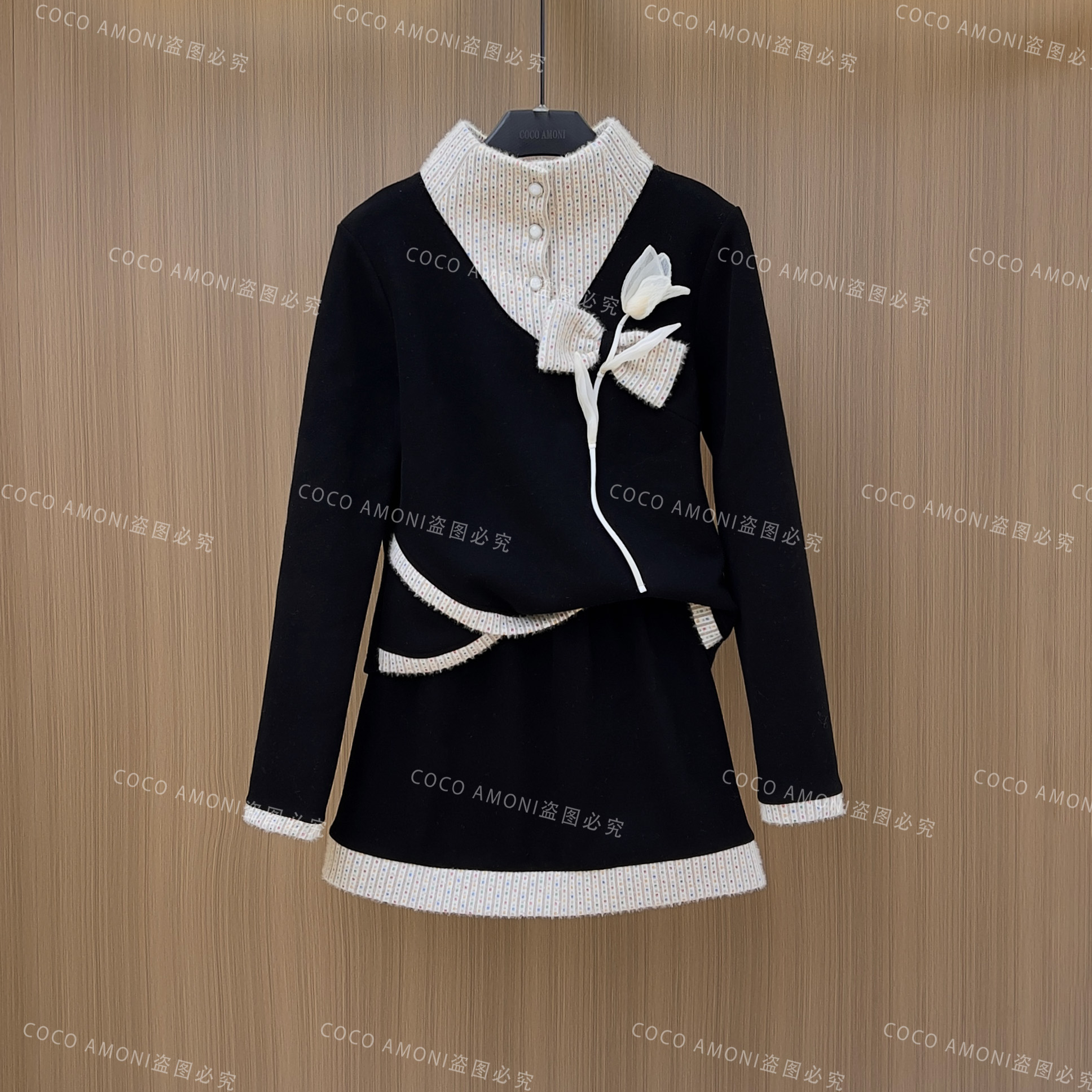 新款设计师百搭假两件女装重工花朵减龄显瘦长袖套装AC963