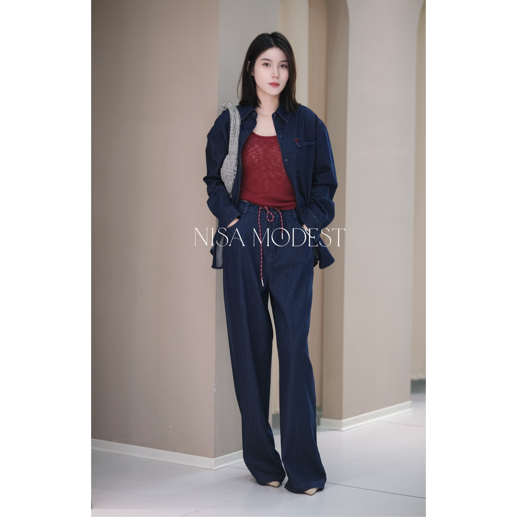 NISA新款牛仔撞色吊带三件套NS028