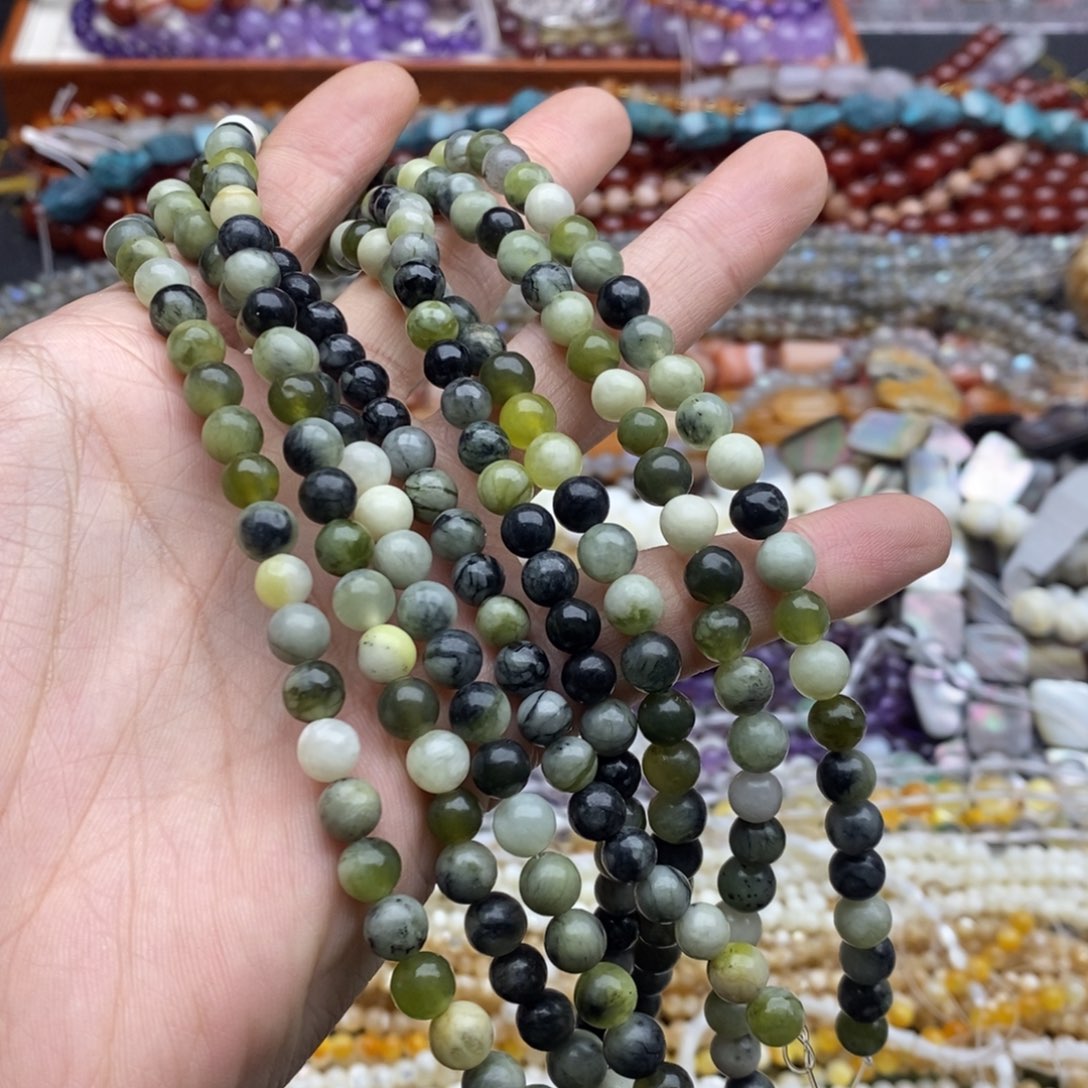 玛瑙/玉髓未镶嵌珠宝半成品一条6mm+天然黑岫玉圆珠