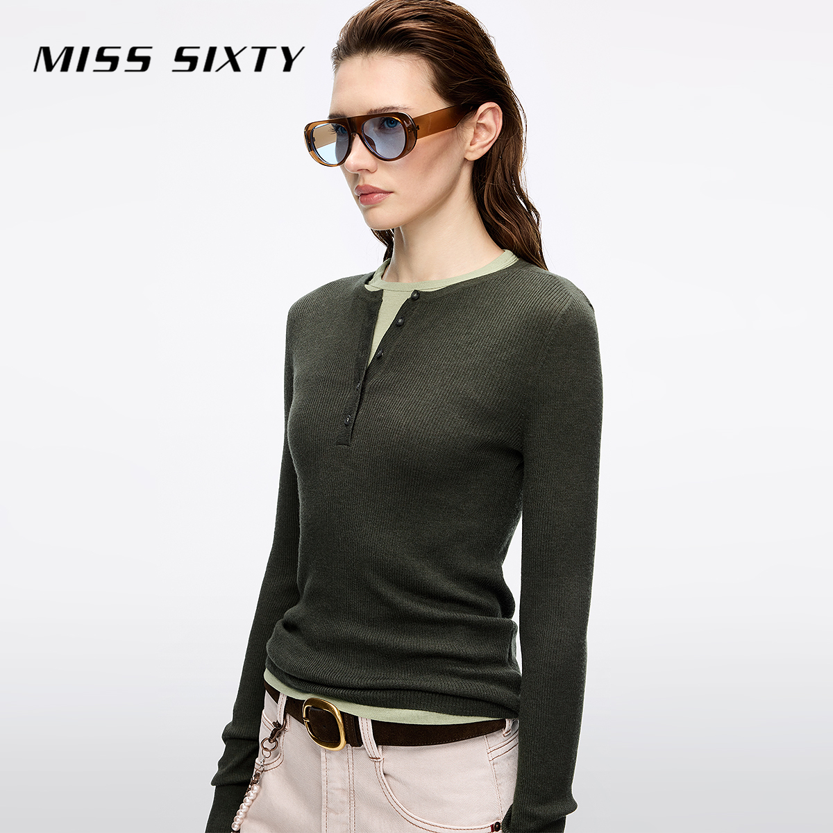 Miss Sixty2025秋季新款毛针织衫女亨利领叠穿撞色两件套上衣