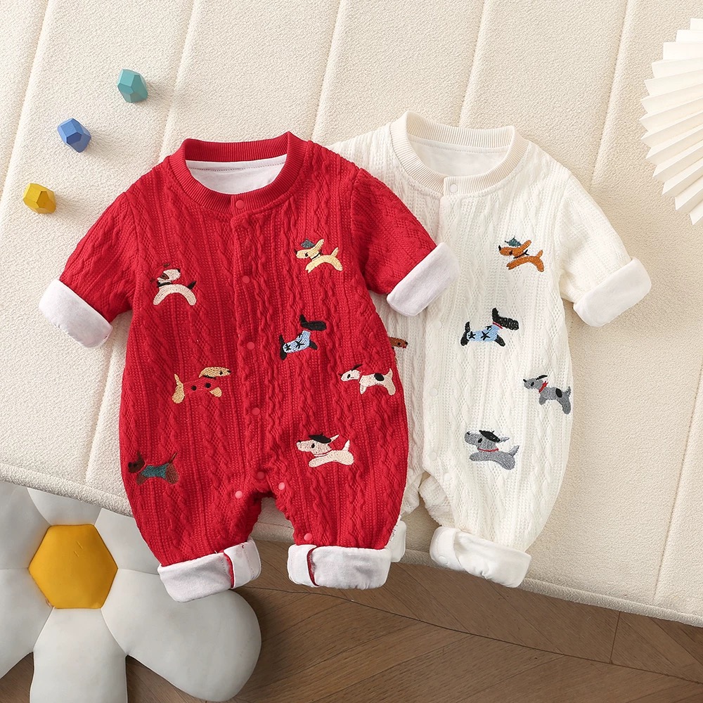 婴幼儿秋季双层内衬纯棉可爱毛线哈衣男女宝宝长袖连体百搭外出服