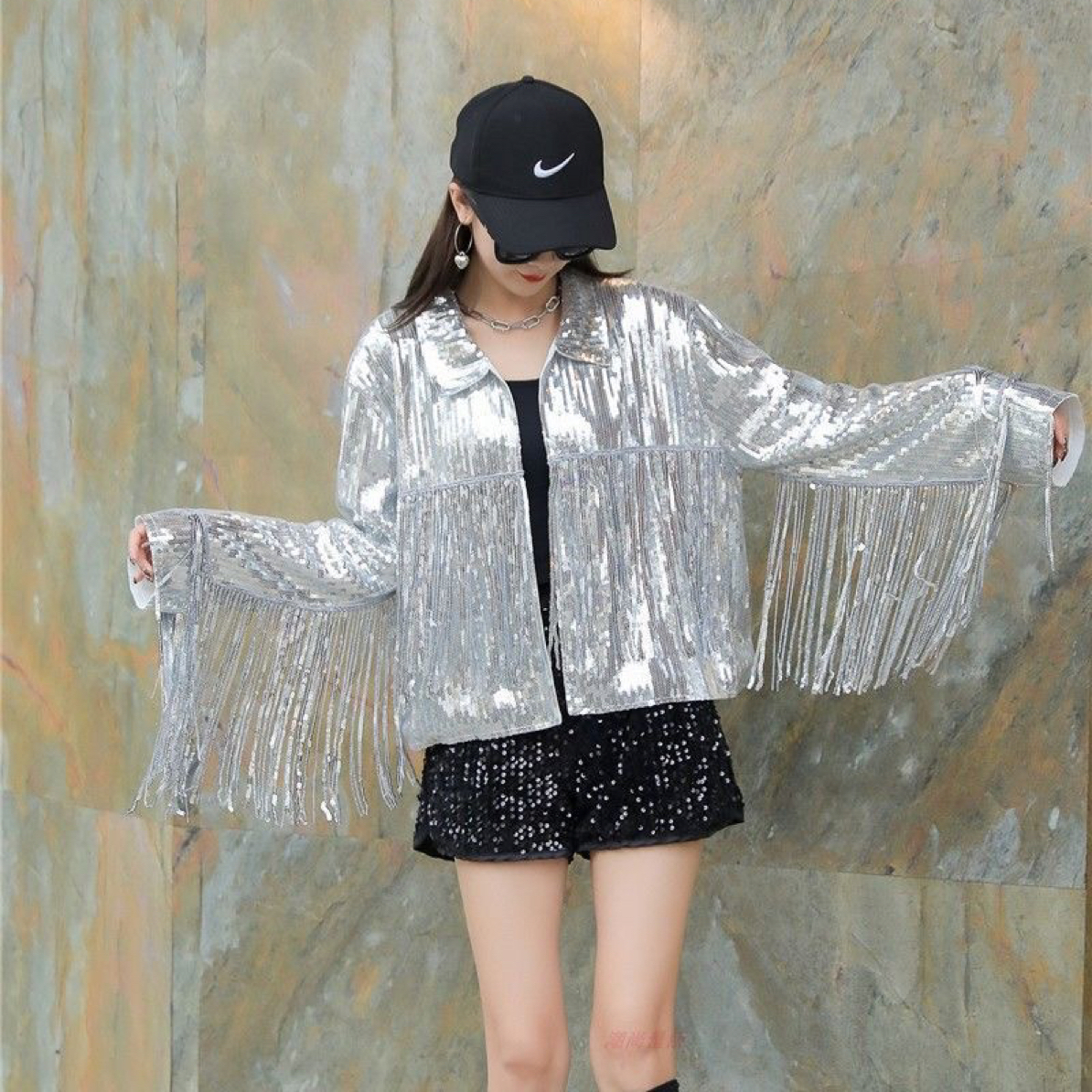 重工亮片流苏外套开衫 网红街头时尚跳舞表演服长袖